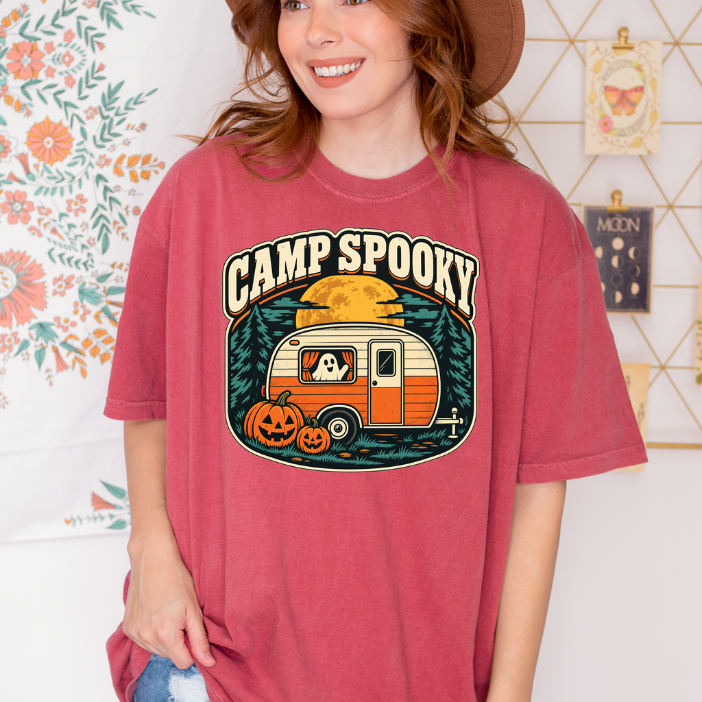 Pumpkin Camper Halloween T-Shirt, Camp Spooky Ghost Trailer, Retro Harvest Moon, Comfort Colors