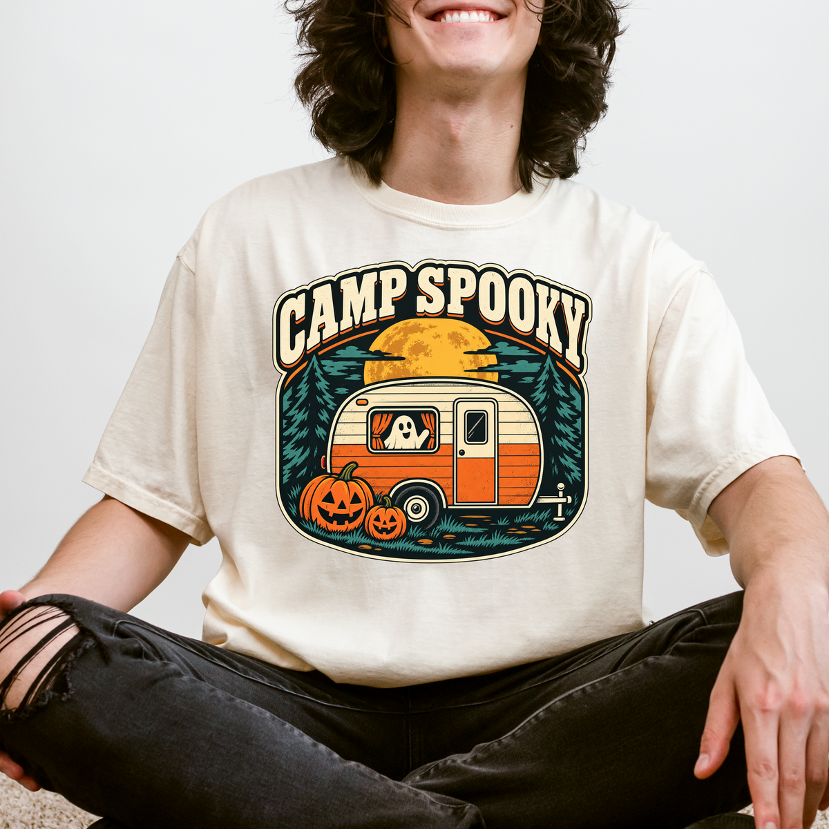 Pumpkin Camper Halloween T-Shirt, Camp Spooky Ghost Trailer, Retro Harvest Moon, Comfort Colors