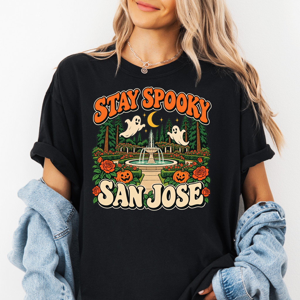 San Jose Halloween T-Shirt, San Jose Municipal Rose Garden Ghosts, Retro 1950s Cartoon, Comfort Colors California Souvenir