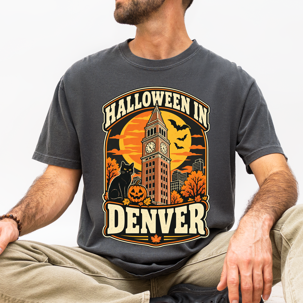 Denver Halloween T-Shirt, Daniels and Fisher Tower, Comfort Colors, Retro Black Cat and Pumpkin Souvenir