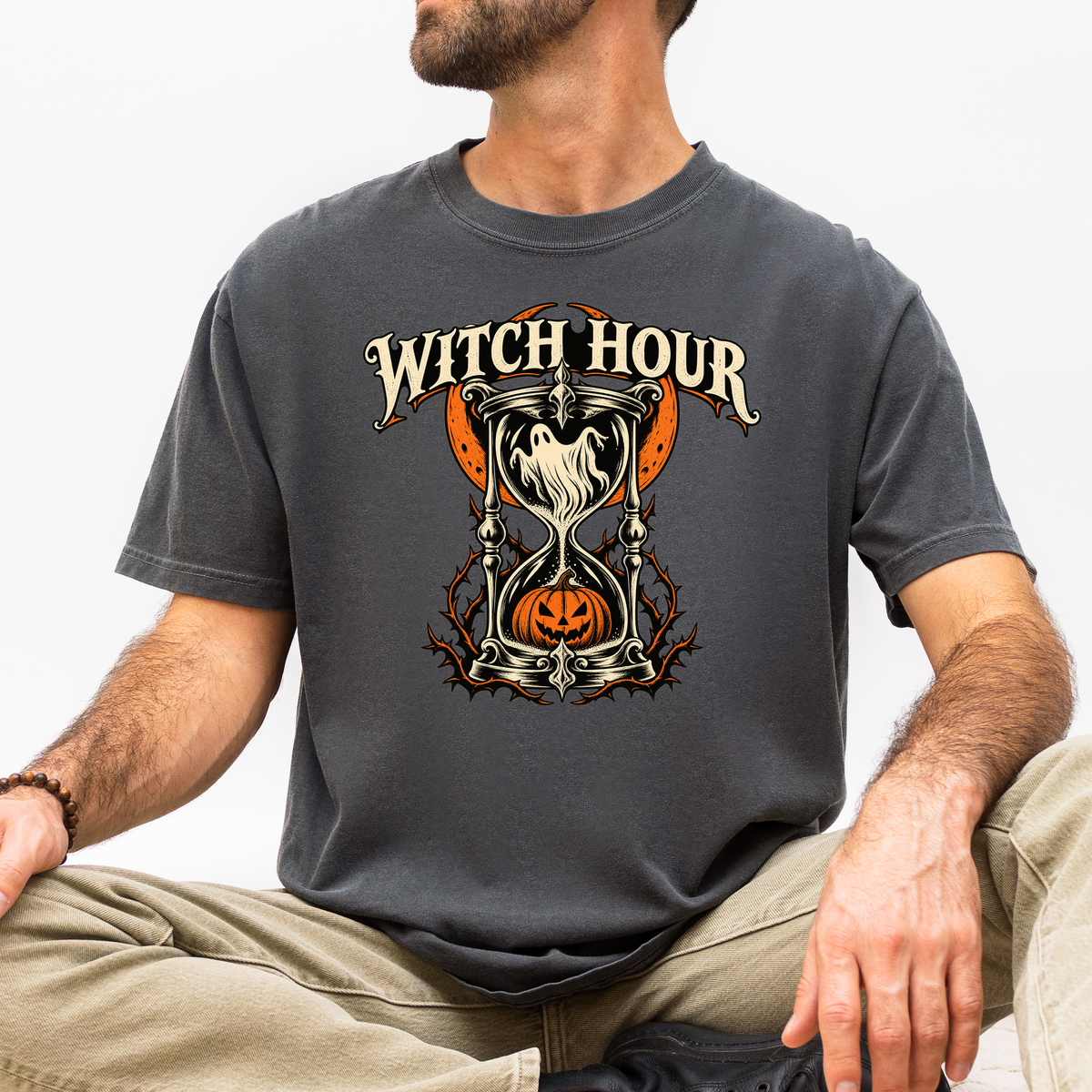 Haunted Hourglass Halloween T-Shirt, Witch Hour Ghost and Pumpkin, Gothic Woodcut Spooky Season Comfort Colors