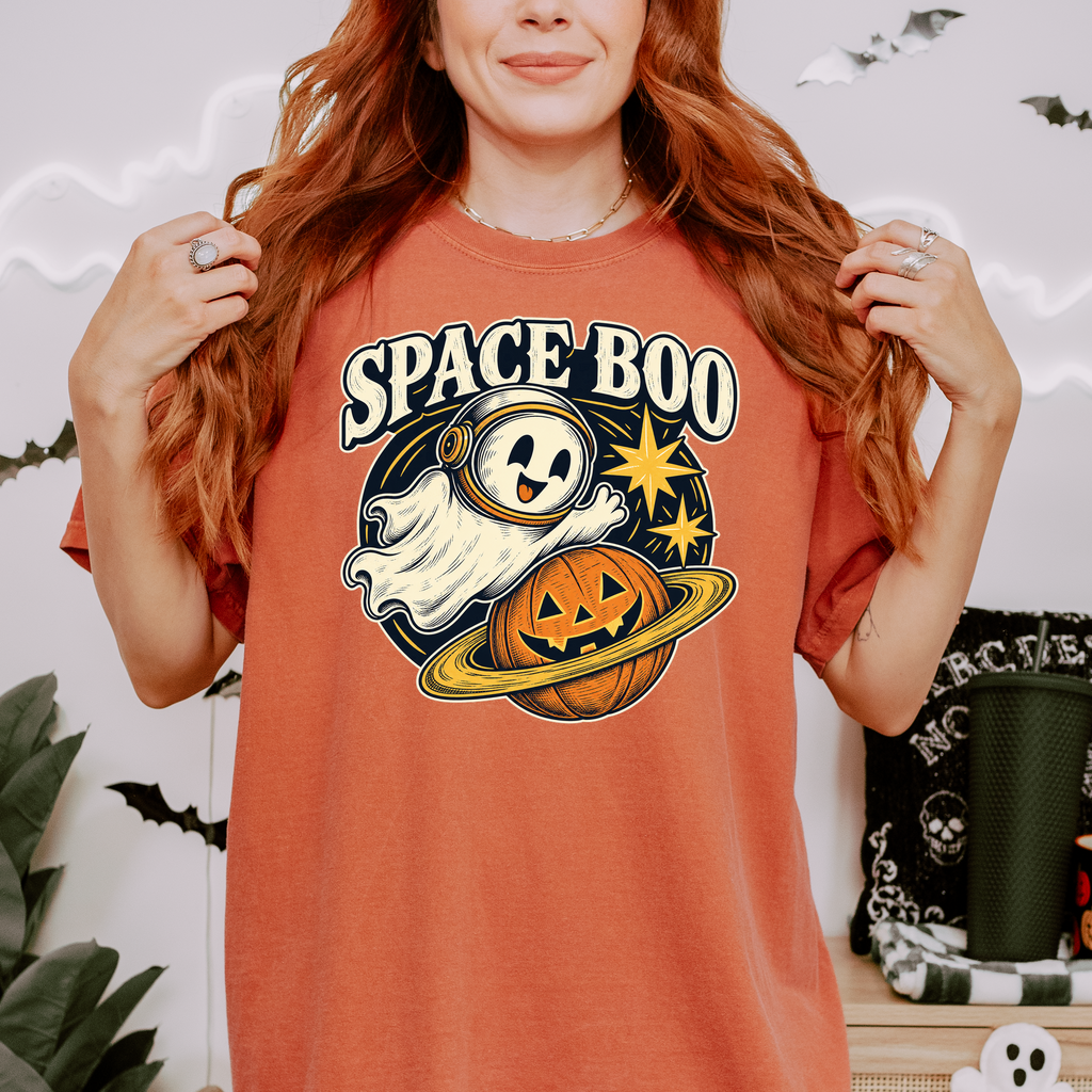 Ghost Astronaut Halloween T-Shirt, Space Boo Pumpkin Planet, Celestial Antique Line Art, Comfort Colors