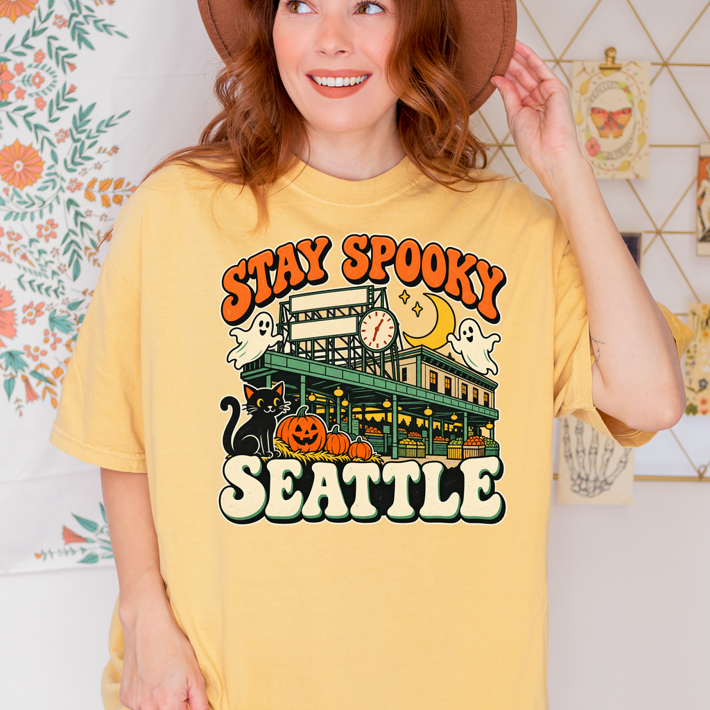 Seattle Halloween T-Shirt, Pike Place Market Black Cat and Ghosts, Retro Spooky Season Comfort Colors