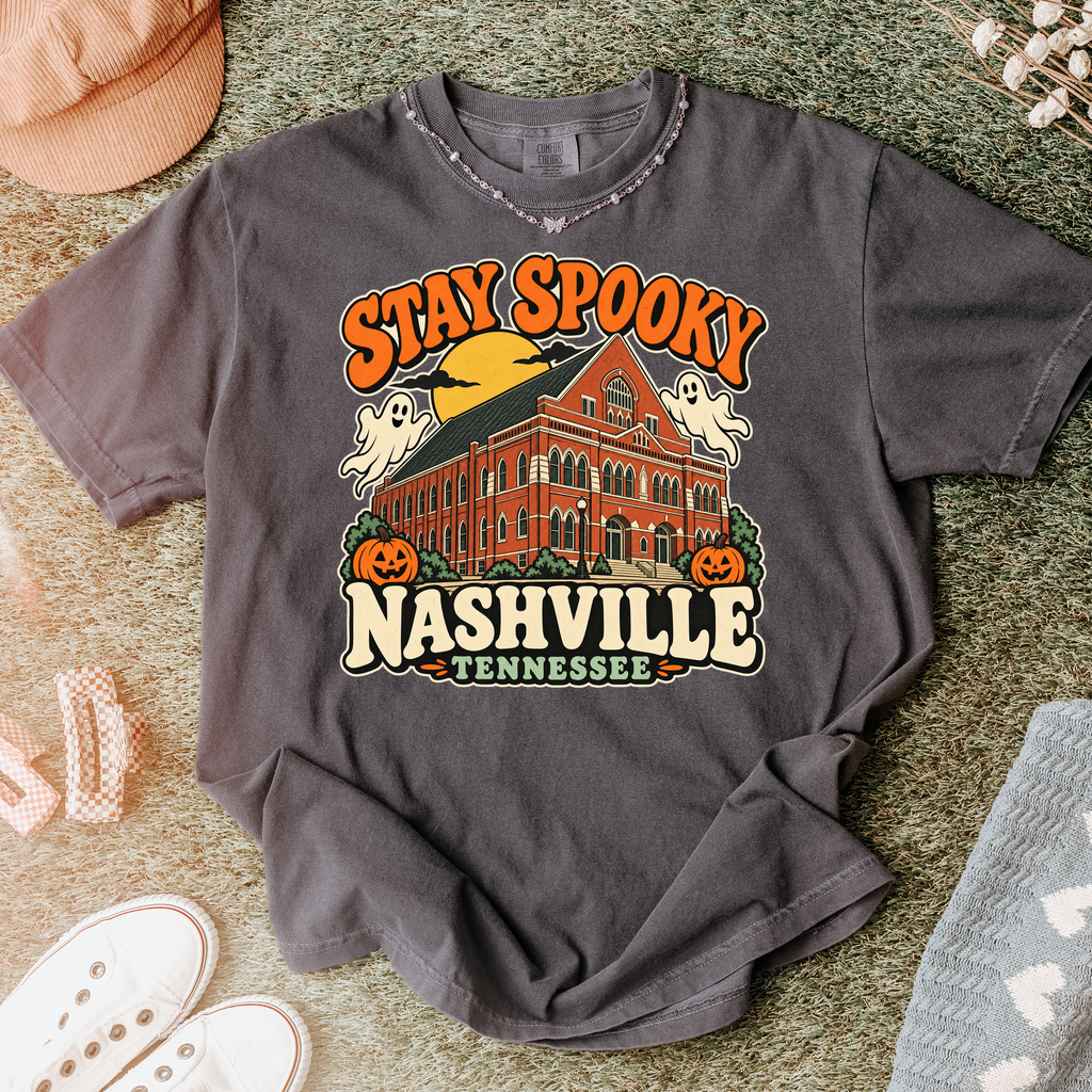 Nashville Halloween T-Shirt, Ryman Auditorium Retro Ghost and Pumpkin Design, Tennessee Souvenir, Comfort Colors