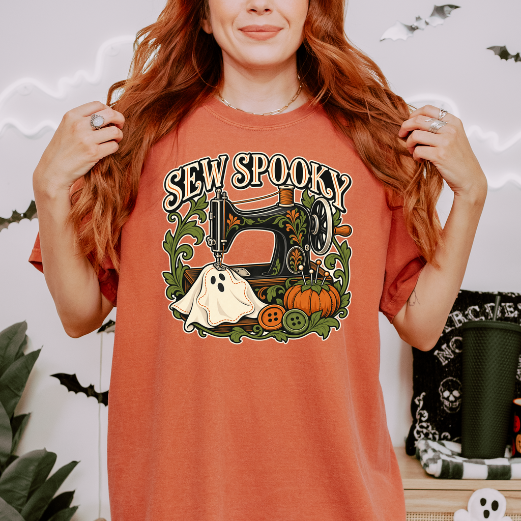 Sewing Machine Halloween T-Shirt, Sew Spooky Ghost Patch, Art Nouveau Pumpkin Design, Comfort Colors