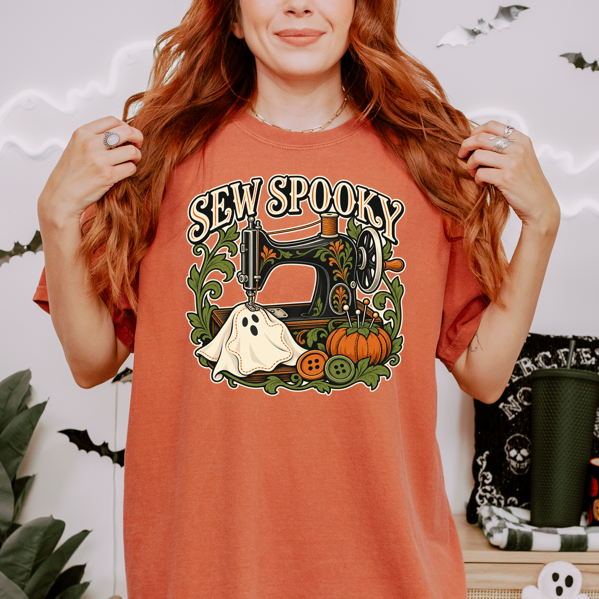 Sewing Machine Halloween T-Shirt, Sew Spooky Ghost Patch, Art Nouveau Pumpkin Design, Comfort Colors