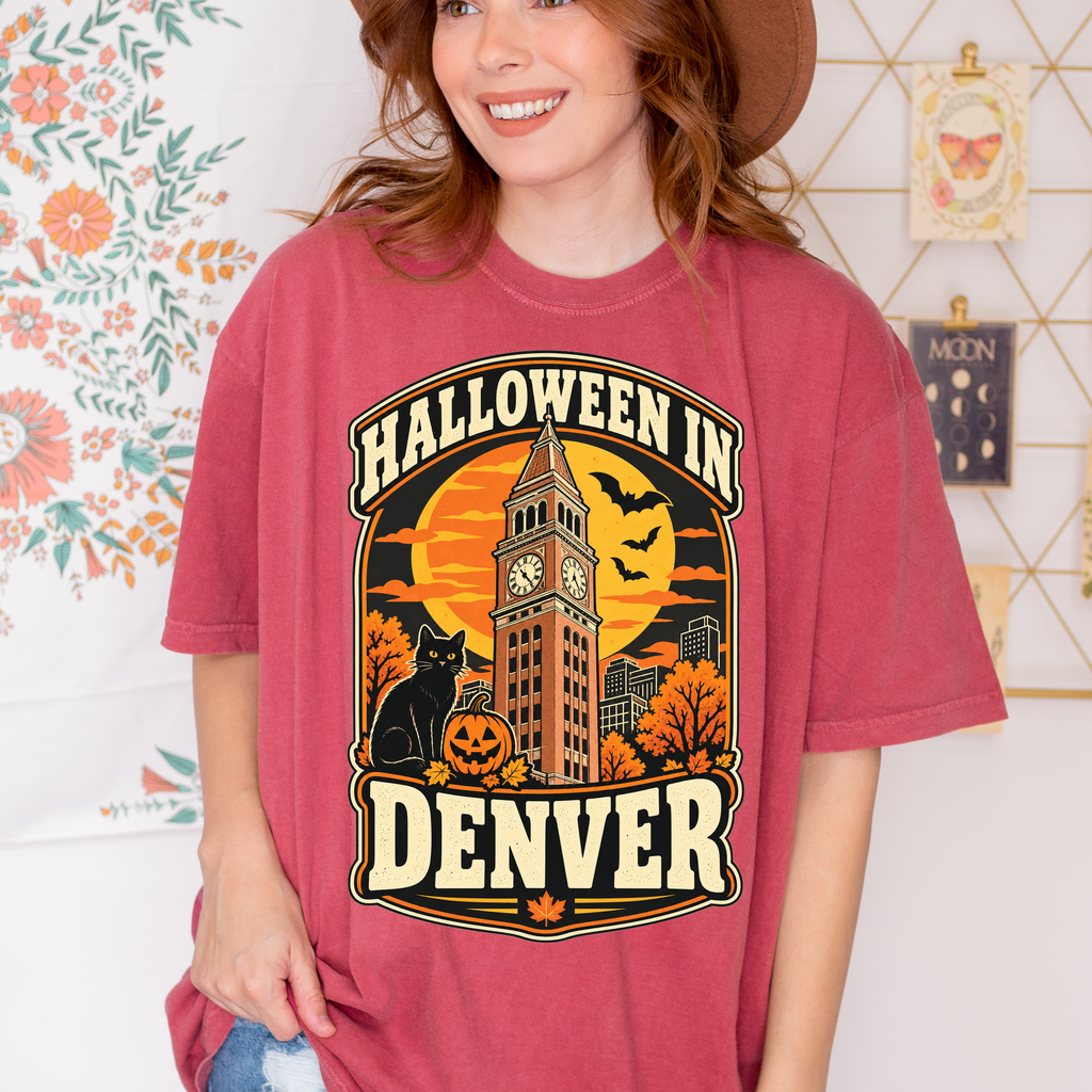 Denver Halloween T-Shirt, Daniels and Fisher Tower, Comfort Colors, Retro Black Cat and Pumpkin Souvenir