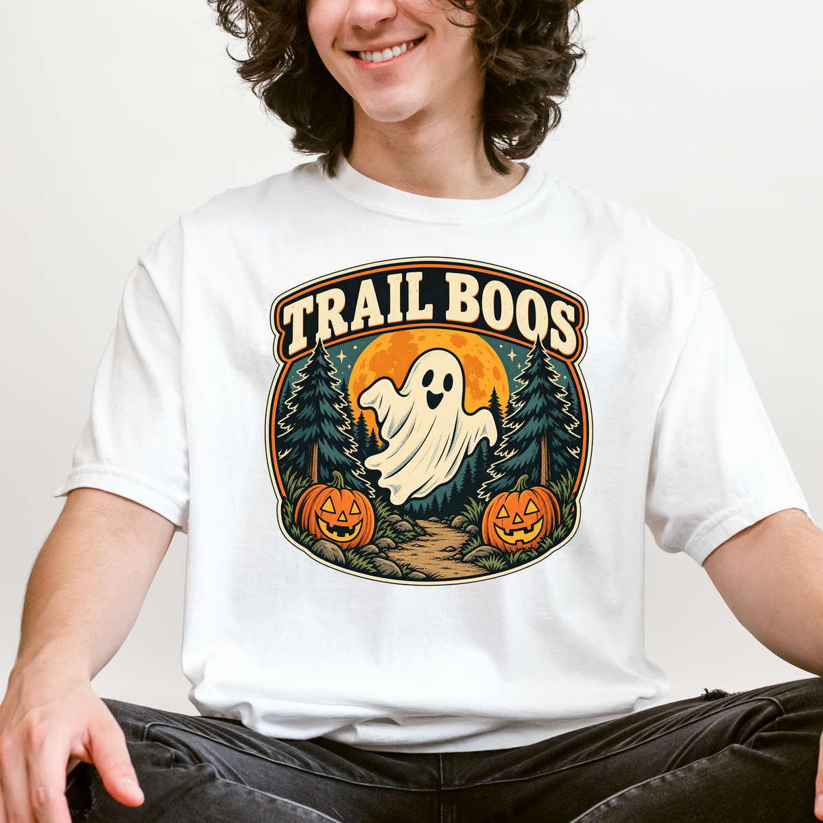 Ghost Halloween T-Shirt, Trail Boos Forest Badge, Retro Pine Trees, Jack-o-Lanterns and Harvest Moon, Comfort Colors