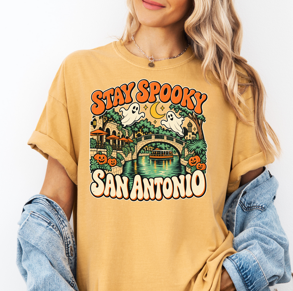 San Antonio Halloween T-Shirt, River Walk Ghosts and Pumpkins, Retro Texas Souvenir, Comfort Colors