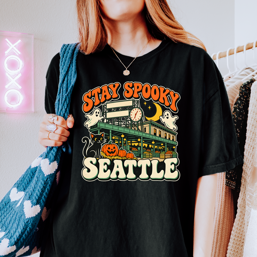 Seattle Halloween T-Shirt, Pike Place Market Black Cat and Ghosts, Retro Spooky Season Comfort Colors