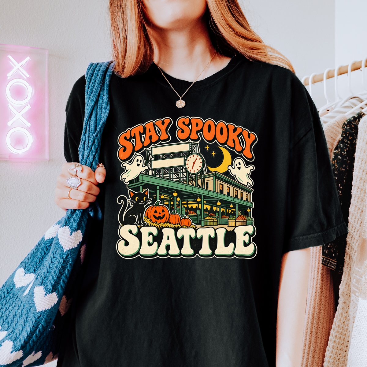Seattle Halloween T-Shirt, Pike Place Market Black Cat and Ghosts, Retro Spooky Season Comfort Colors