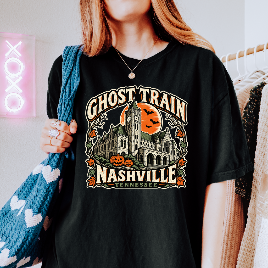 Nashville Halloween T-Shirt, Union Station Ghost Train, Comfort Colors, Woodcut Folk Art, Pumpkin Tennessee Souvenir