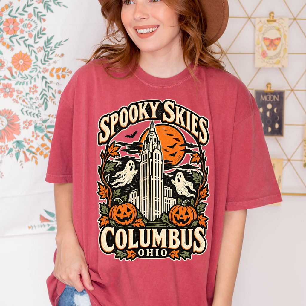 Columbus Halloween T-Shirt, LeVeque Tower Moon and Ghosts, Woodcut Folk Art, Comfort Colors Ohio Souvenir