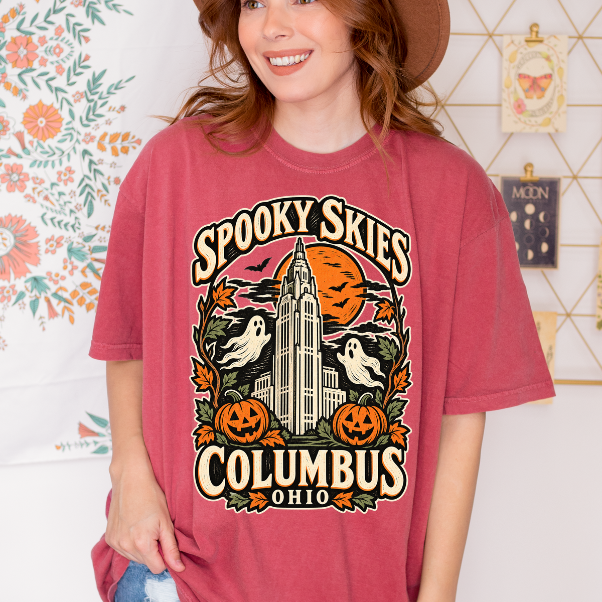 Columbus Halloween T-Shirt, LeVeque Tower Moon and Ghosts, Woodcut Folk Art, Comfort Colors Ohio Souvenir
