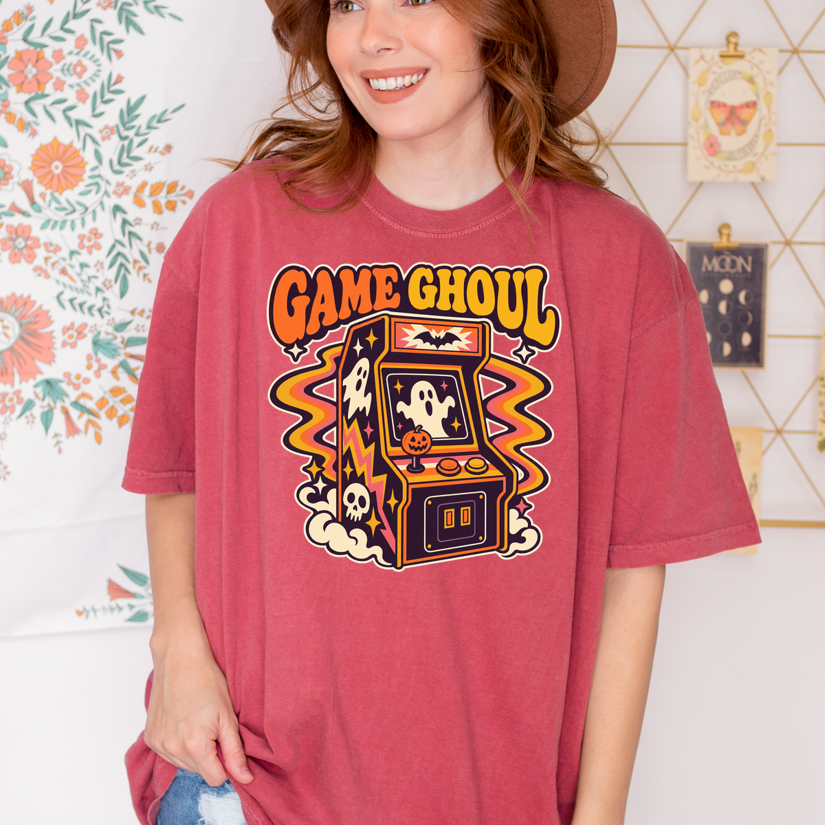 Haunted Arcade Halloween T-Shirt, Game Ghoul Cabinet, 1970s Psychedelic Pumpkin Joystick, Comfort Colors