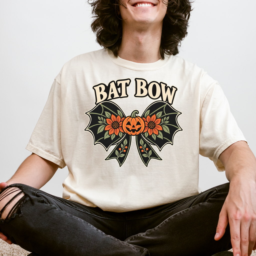 Bat Wing Bow Halloween T-Shirt, Smiling Pumpkin and Autumn Flowers, Folk Art Botanical Design, Comfort Colors