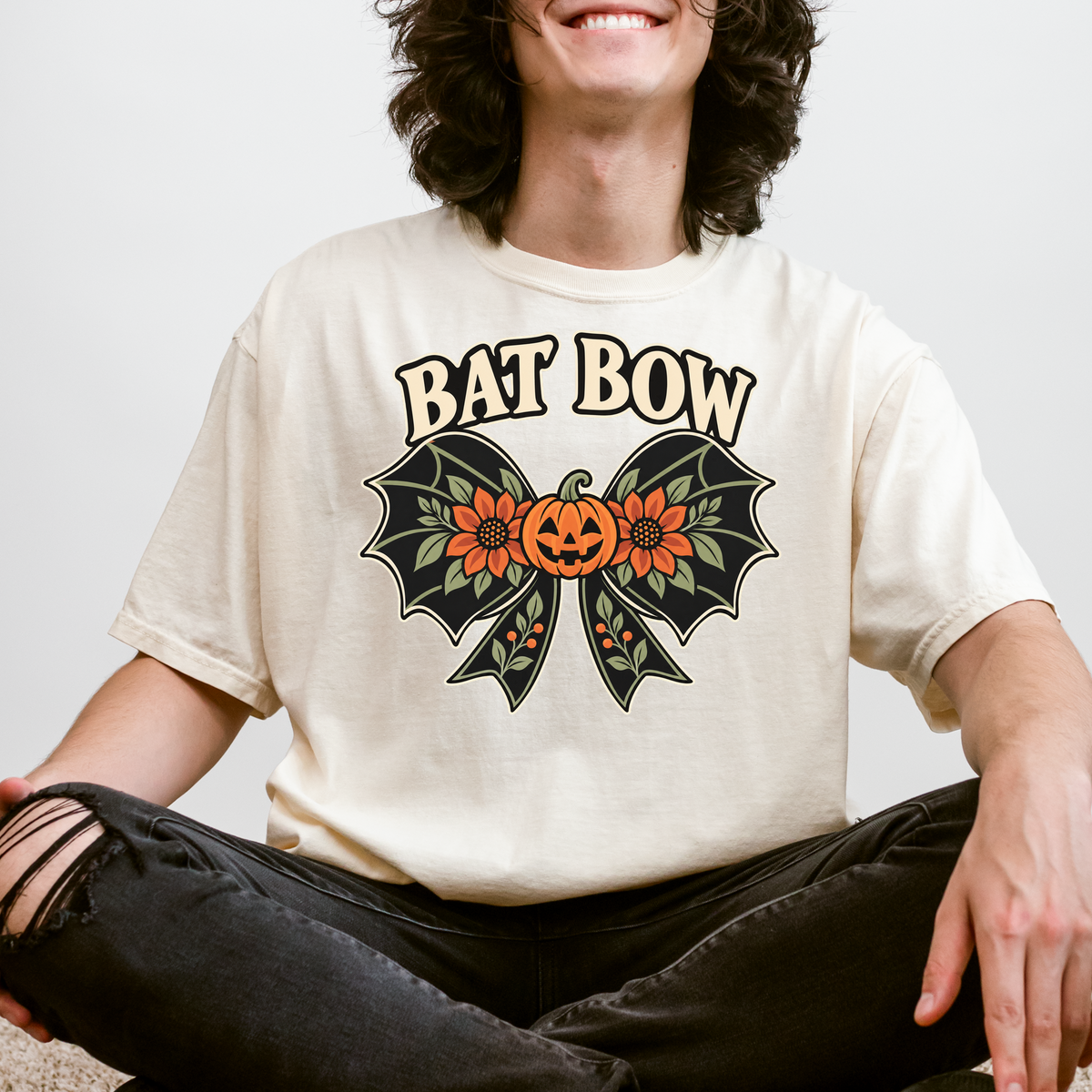 Bat Wing Bow Halloween T-Shirt, Smiling Pumpkin and Autumn Flowers, Folk Art Botanical Design, Comfort Colors
