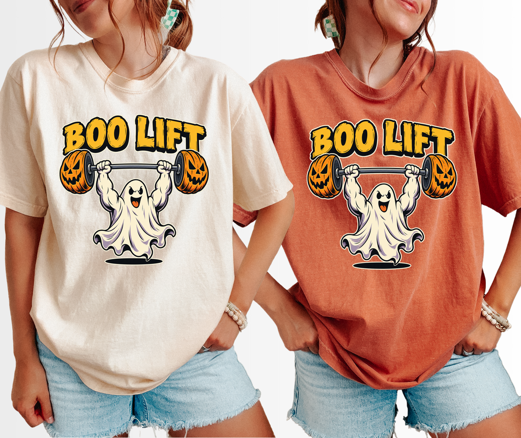 Ghost Weightlifter Halloween T-Shirt, Boo Lift Pumpkin Barbell, Retro Comic Illustration, Comfort Colors