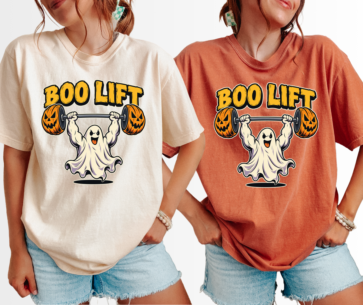 Ghost Weightlifter Halloween T-Shirt, Boo Lift Pumpkin Barbell, Retro Comic Illustration, Comfort Colors