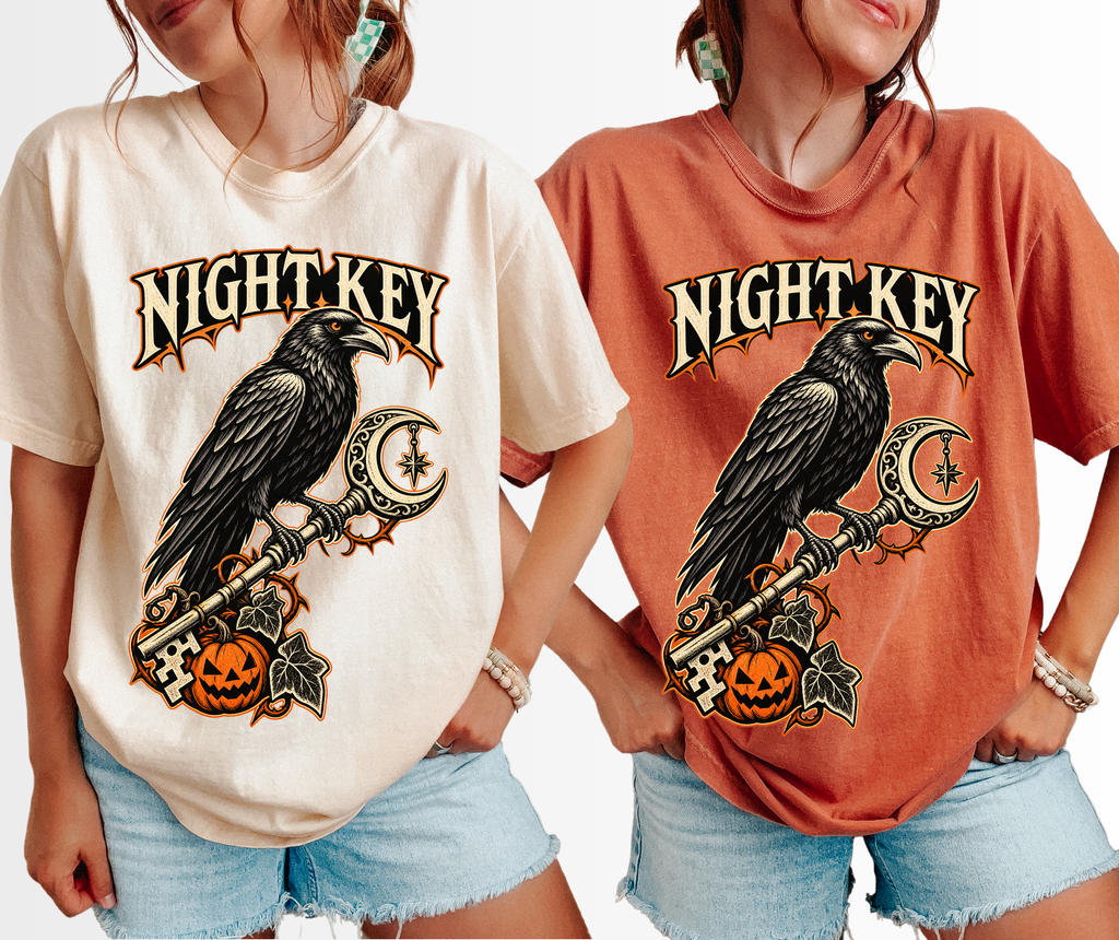Raven Halloween T-Shirt, Ornate Skeleton Key and Pumpkin, Gothic Woodcut Spooky Season Art, Comfort Colors