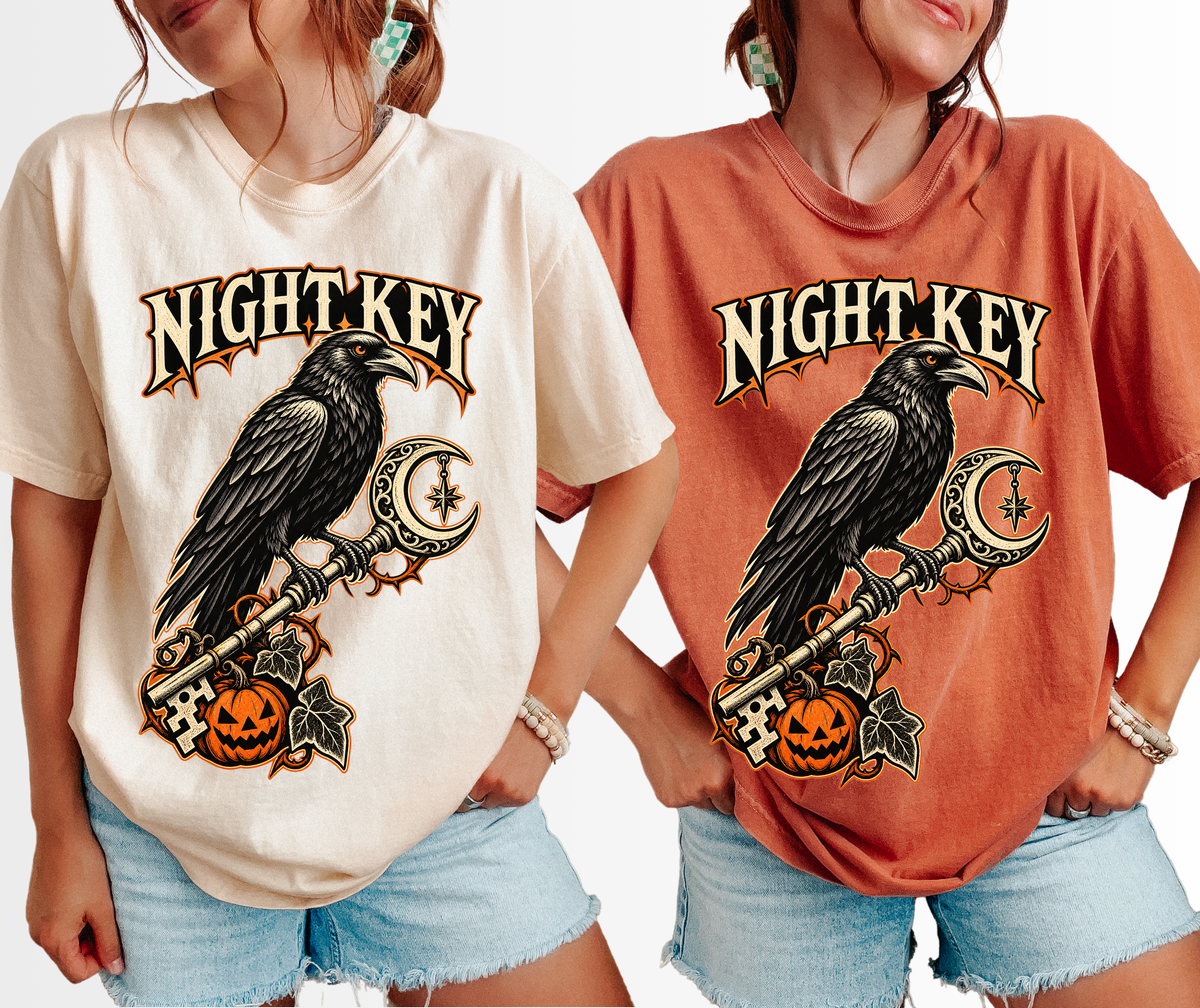 Raven Halloween T-Shirt, Ornate Skeleton Key and Pumpkin, Gothic Woodcut Spooky Season Art, Comfort Colors