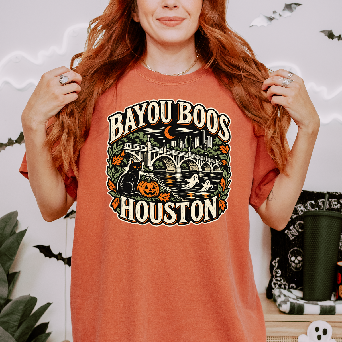 Houston Halloween T-Shirt, Sabine Street Bridge Bayou Boos, Black Cat Folk Art, Comfort Colors Texas Souvenir