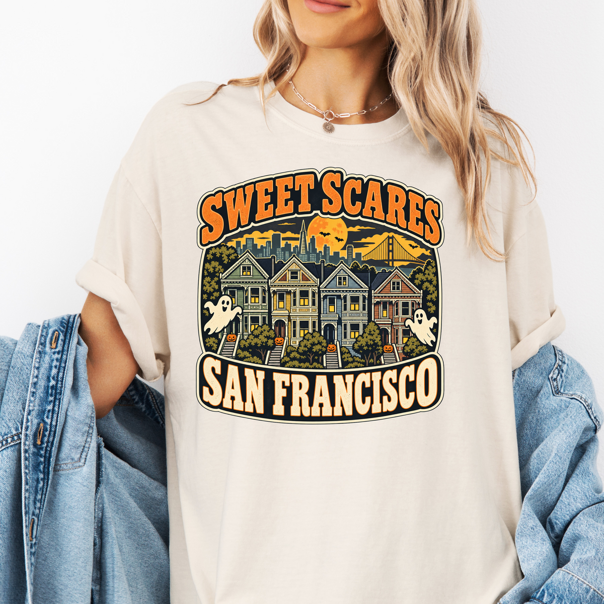 San Francisco Halloween T-Shirt, Painted Ladies Ghosts, Comfort Colors Retro California Souvenir, Sweet Scares