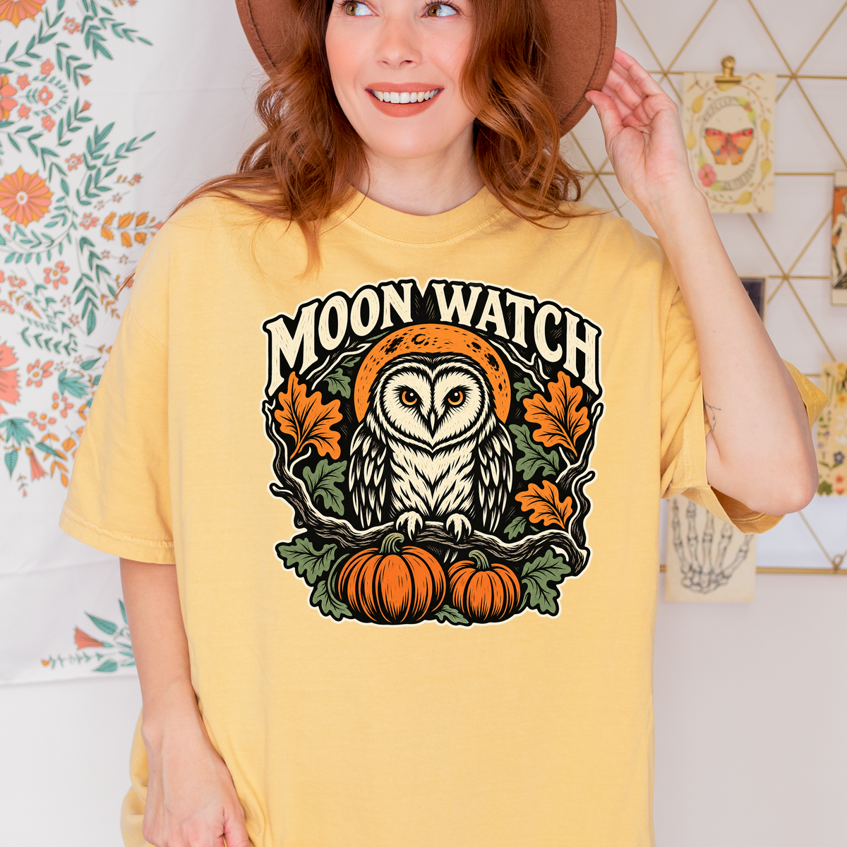 Owl Halloween T-Shirt, Moon Watch Pumpkin Woodcut Folk Art, Autumn Moon Comfort Colors
