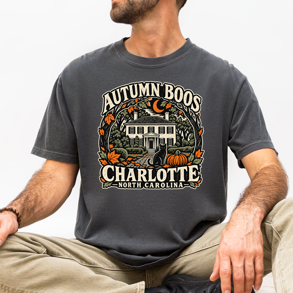 Charlotte Halloween T-Shirt, Historic Rosedale Black Cat and Pumpkin Folk Art, North Carolina Comfort Colors