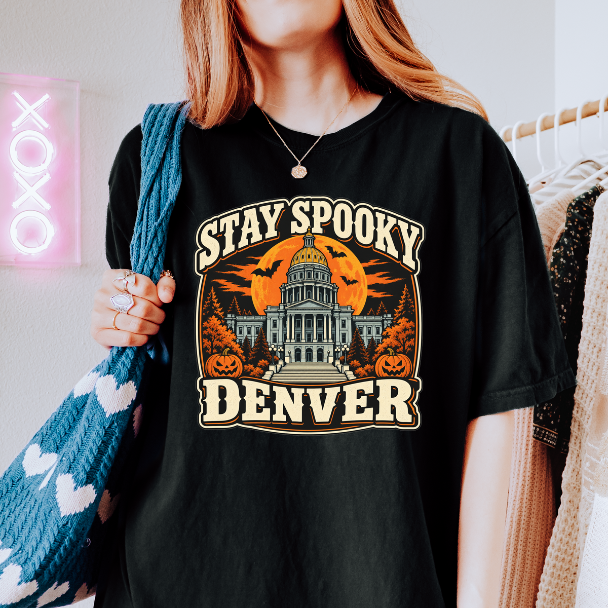Denver Halloween T-Shirt, Colorado State Capitol, Comfort Colors Retro Pumpkin Souvenir, Spooky Season Bats
