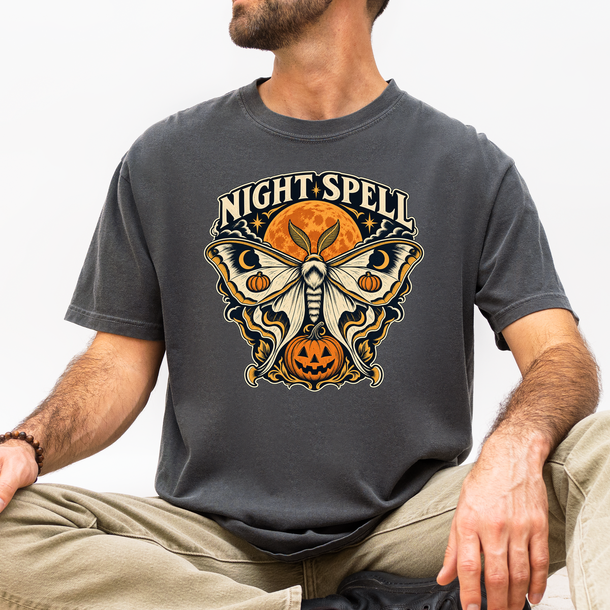 Moon Moth Halloween T-Shirt, Night Spell Pumpkin and Orange Moon, Celestial Gothic Art, Comfort Colors