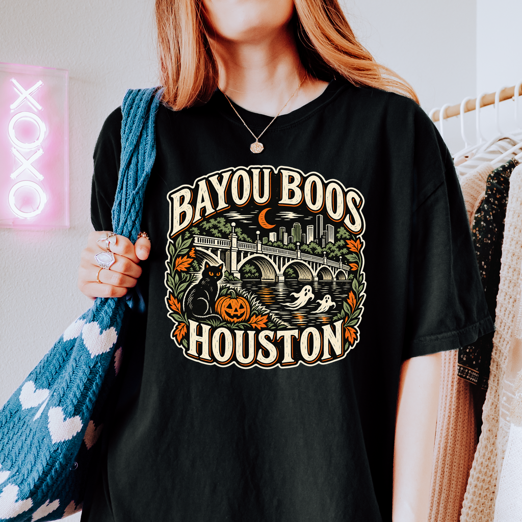 Houston Halloween T-Shirt, Sabine Street Bridge Bayou Boos, Black Cat Folk Art, Comfort Colors Texas Souvenir