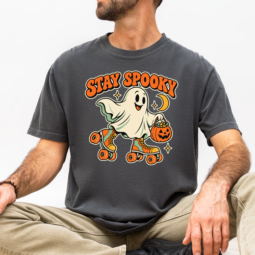 Roller Skating Ghost Halloween T-Shirt, Stay Spooky Retro Cartoon, Pumpkin Candy Bucket, Comfort Colors