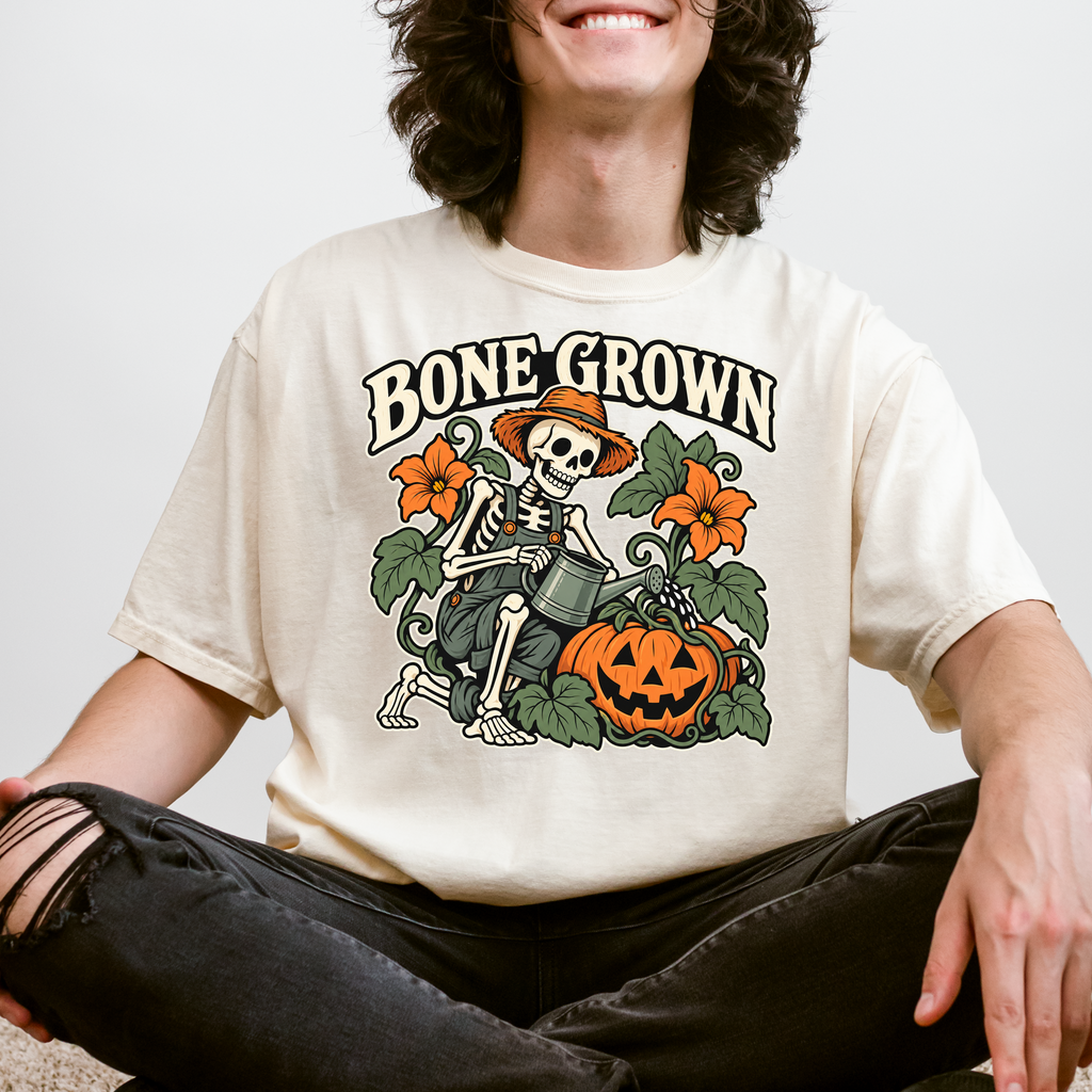 Skeleton Halloween T-Shirt, Bone Grown Pumpkin Garden Folk Art, Botanical Spooky Season Comfort Colors