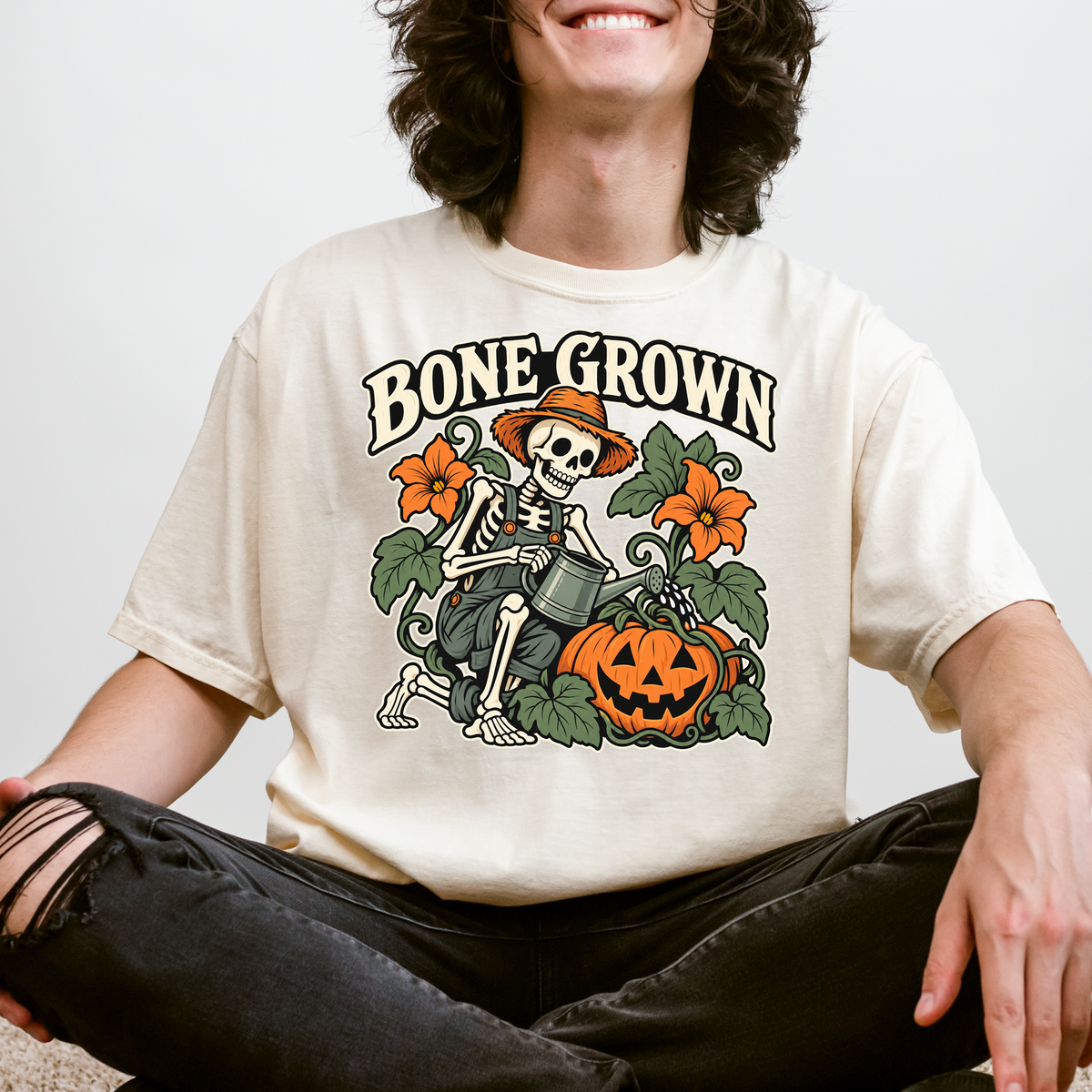 Skeleton Halloween T-Shirt, Bone Grown Pumpkin Garden Folk Art, Botanical Spooky Season Comfort Colors