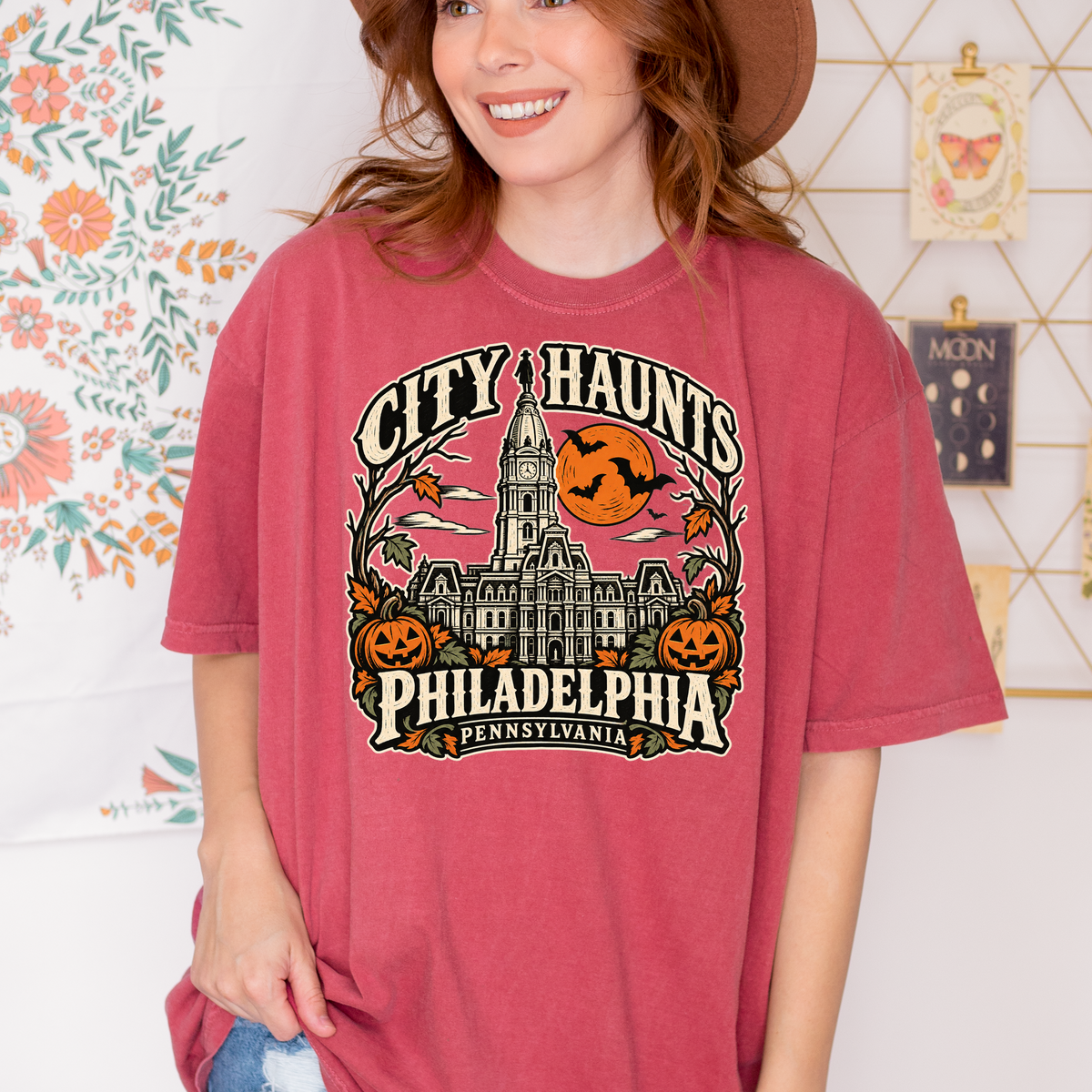 Philadelphia Halloween T-Shirt, City Hall Woodcut Folk Art, Pumpkin Lanterns, Pennsylvania Souvenir, Comfort Colors