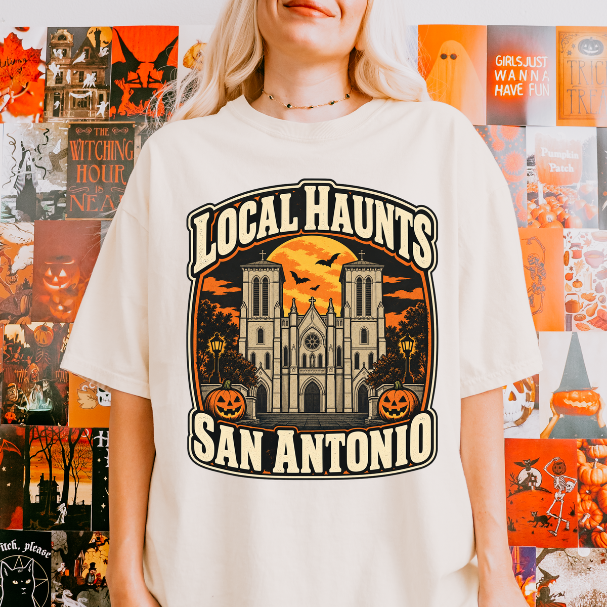 San Antonio Halloween T-Shirt, San Fernando Cathedral, Comfort Colors Retro Souvenir, Harvest Moon and Pumpkins
