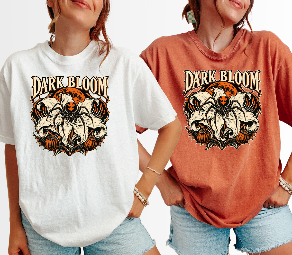 Spider Lily Halloween T-Shirt, Dark Bloom Gothic Woodcut, Orange Moon and Pumpkin Pods, Comfort Colors