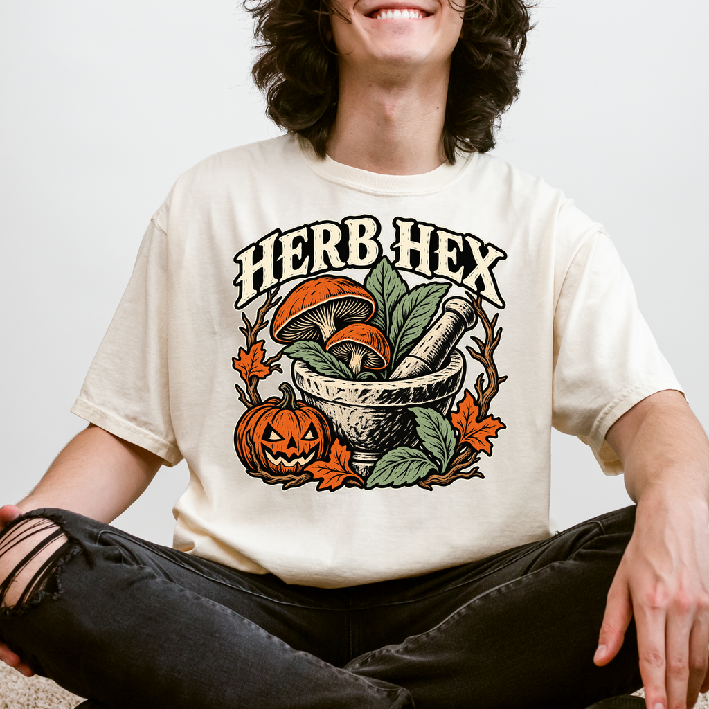 Witch's Apothecary Halloween T-Shirt, Herb Hex Mortar and Mushroom Woodcut, Pumpkin Folk Art, Comfort Colors