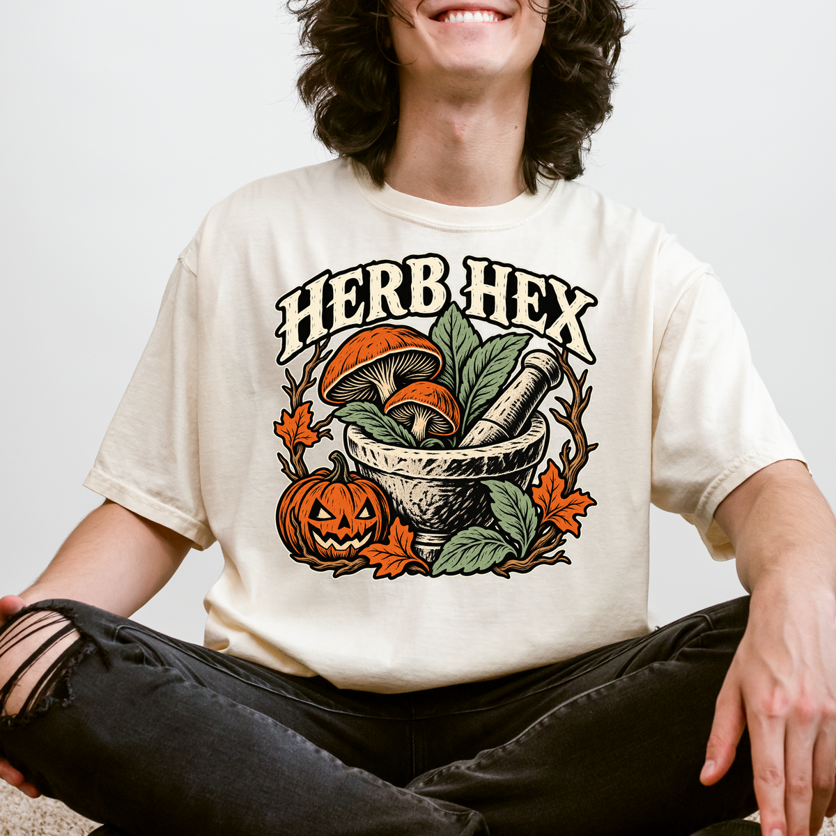 Witch's Apothecary Halloween T-Shirt, Herb Hex Mortar and Mushroom Woodcut, Pumpkin Folk Art, Comfort Colors