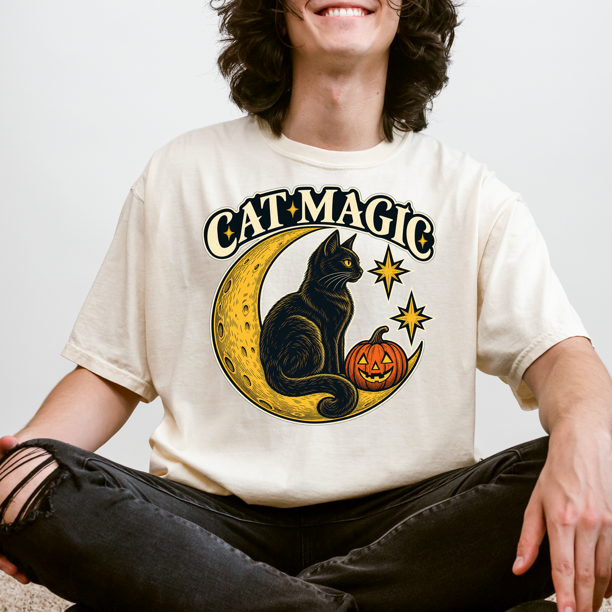 Black Cat Halloween T-Shirt, Cat Magic Crescent Moon, Celestial Pumpkin Art, Antique Linework, Comfort Colors