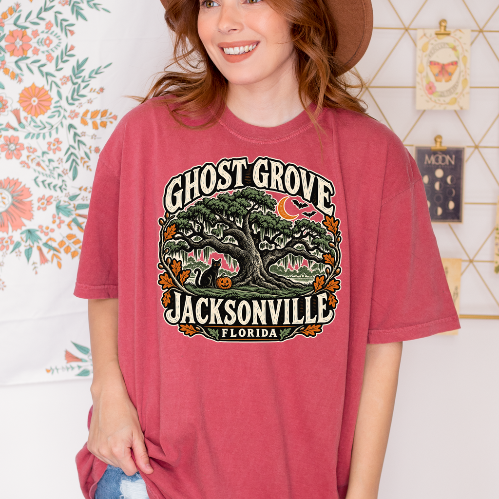 Jacksonville Halloween T-Shirt, Treaty Oak Black Cat and Pumpkin Folk Art, Florida Souvenir, Comfort Colors