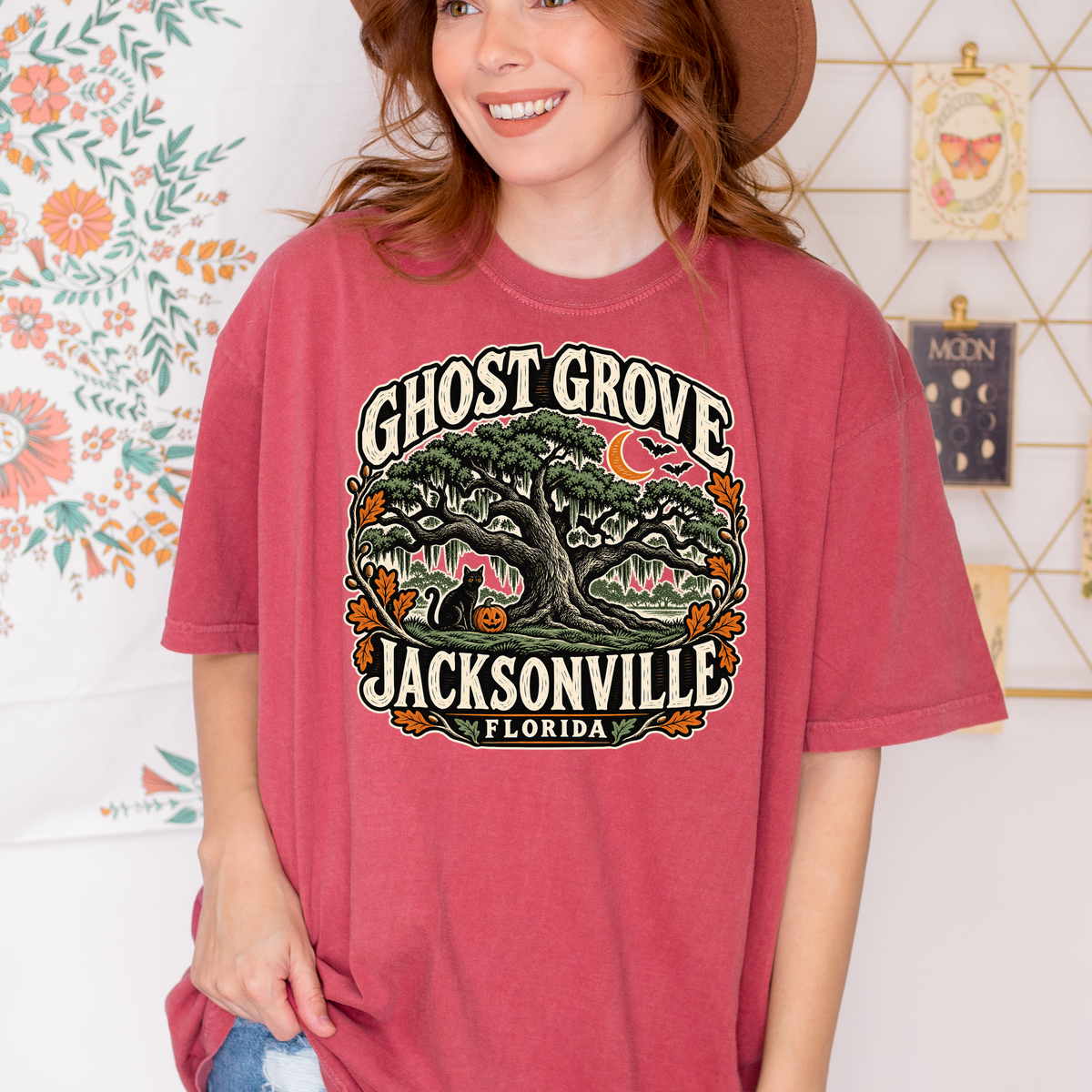 Jacksonville Halloween T-Shirt, Treaty Oak Black Cat and Pumpkin Folk Art, Florida Souvenir, Comfort Colors