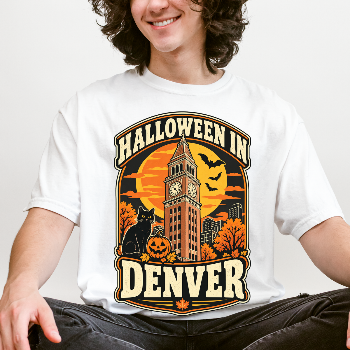 Denver Halloween T-Shirt, Daniels and Fisher Tower, Comfort Colors, Retro Black Cat and Pumpkin Souvenir
