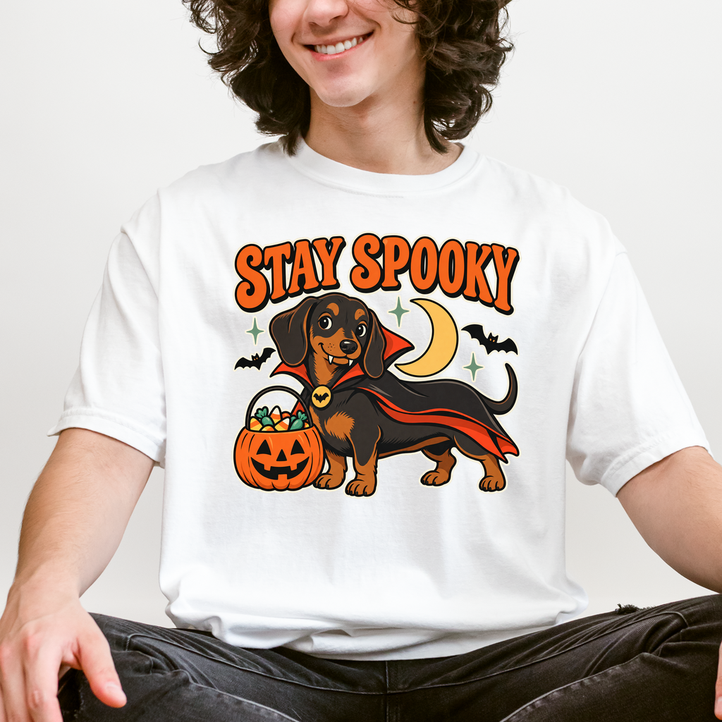 Vampire Dachshund Halloween T-Shirt, Stay Spooky Retro 1950s Cartoon, Pumpkin Candy Bucket, Comfort Colors