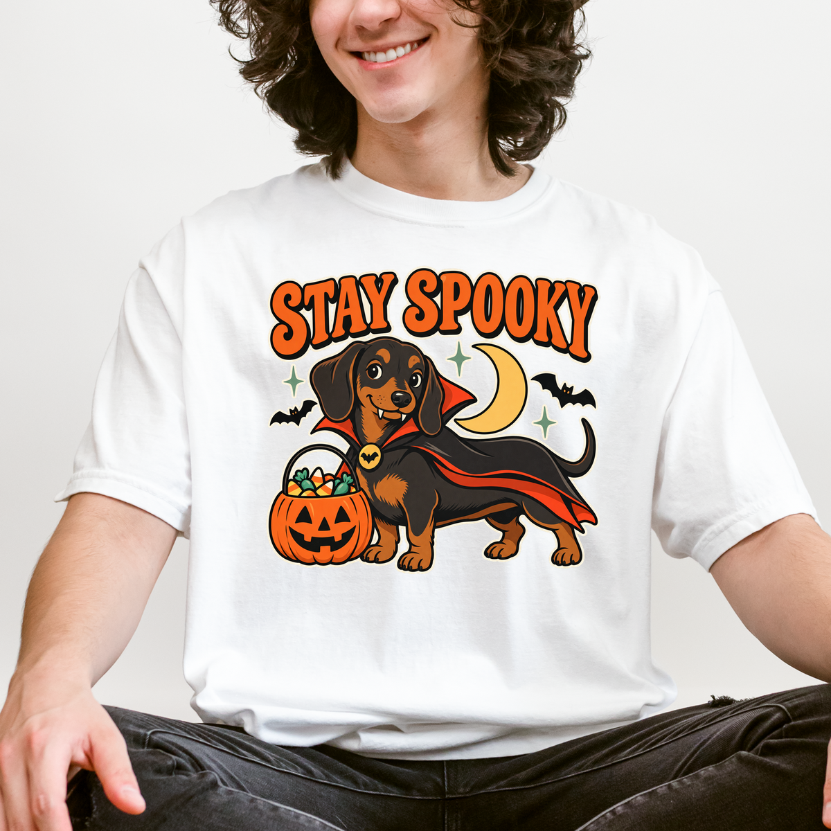 Vampire Dachshund Halloween T-Shirt, Stay Spooky Retro 1950s Cartoon, Pumpkin Candy Bucket, Comfort Colors