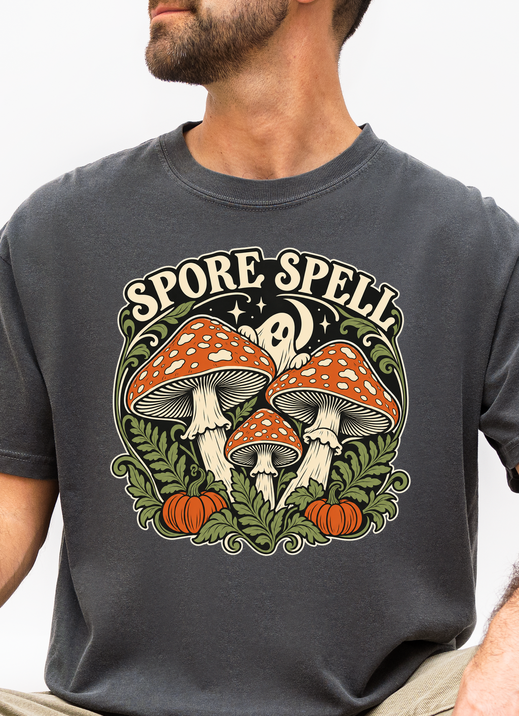 Halloween T-Shirt, Midnight Mushroom Circle, Comfort Colors, Art Nouveau Artwork