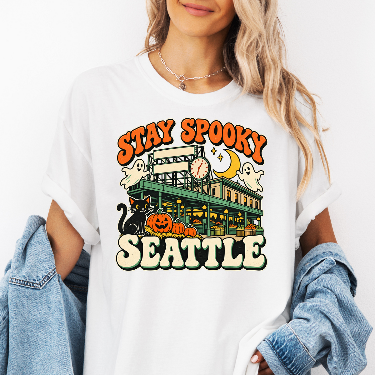 Seattle Halloween T-Shirt, Pike Place Market Black Cat and Ghosts, Retro Spooky Season Comfort Colors