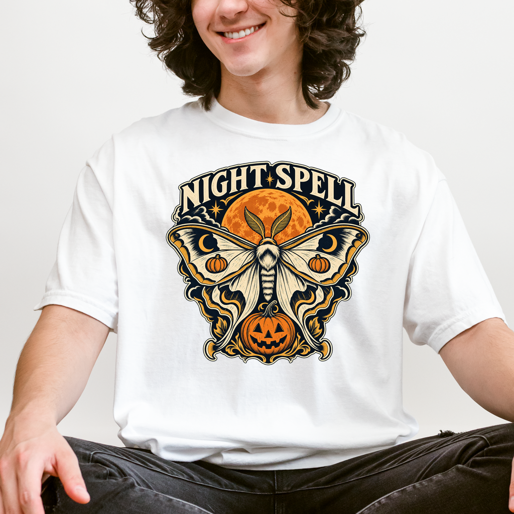 Moon Moth Halloween T-Shirt, Night Spell Pumpkin and Orange Moon, Celestial Gothic Art, Comfort Colors