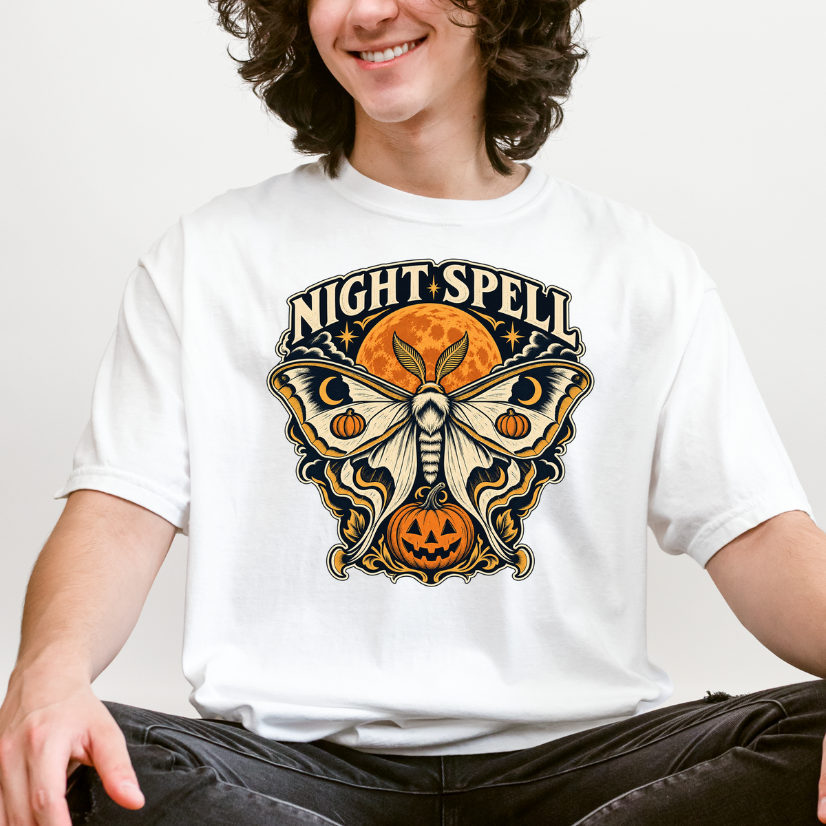 Moon Moth Halloween T-Shirt, Night Spell Pumpkin and Orange Moon, Celestial Gothic Art, Comfort Colors